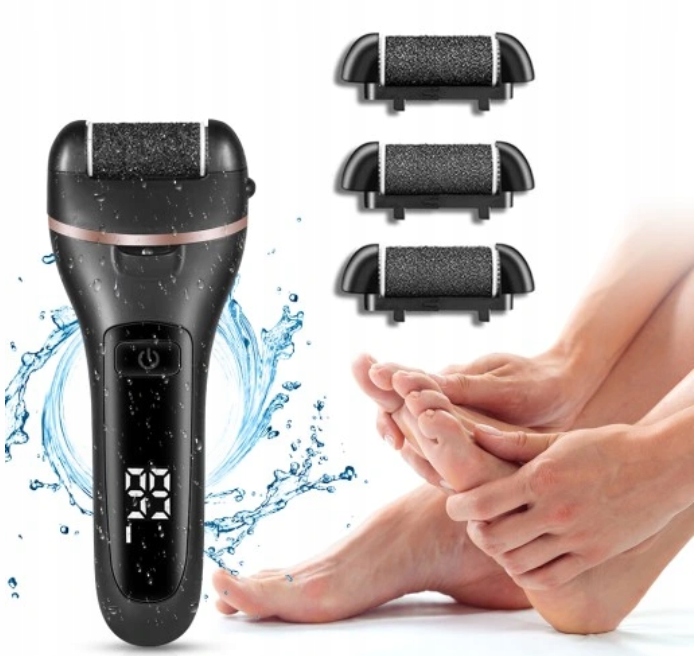 Akumulatorowy pilnik do pięt, stóp, bezprzewodowy, 3 głowice wymienne, LCD